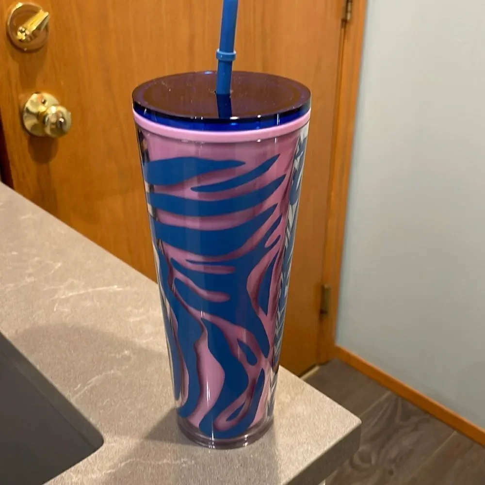 NWT Starbucks blue and pink zebra striped tumbler